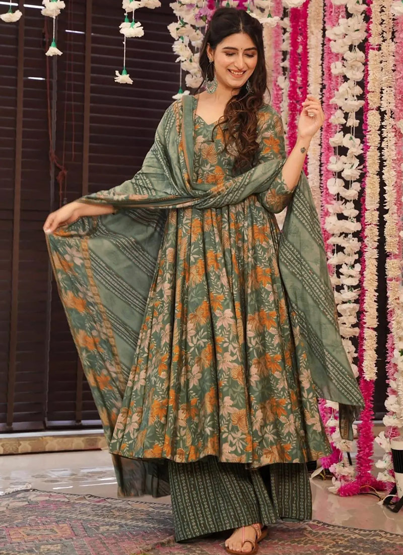 Green Pure Muslin Heavy Digital Print Casual Wear Anarkali Salwar Kameez