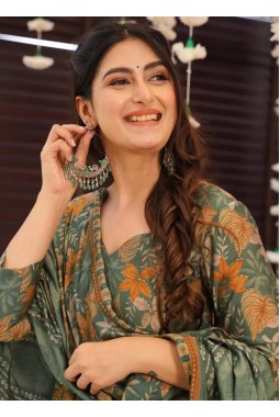 Green Pure Muslin Heavy Digital Print Casual Wear Anarkali Salwar Kameez