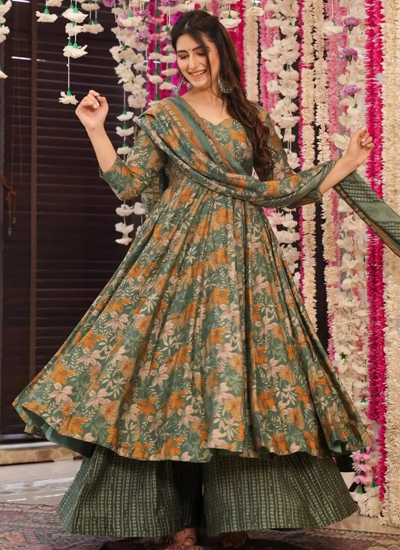 Green Pure Muslin Heavy Digital Print Casual Wear Anarkali Salwar Kameez