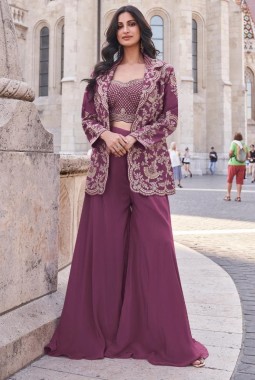 Mauve Embroidered Silk Indowestern Stylish Palazzo Suit For Party KF250184