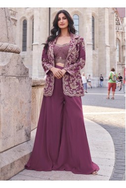 Mauve Embroidered Silk Indowestern Stylish Palazzo Suit For Party KF250184