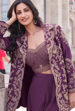 Silk Embroidered Purple Palazzo Salwar Suit for Sangeet Ceremony KF250188