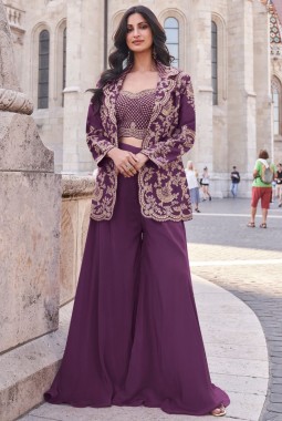 Silk Embroidered Purple Palazzo Salwar Suit for Sangeet Ceremony KF250188