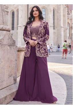 Silk Embroidered Purple Palazzo Salwar Suit for Sangeet Ceremony KF250188