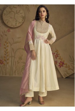 Off White Pure Silk Embroidered Wedding Salwar Kameez