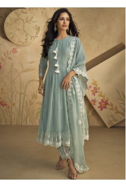 Blue Pure Silk Embroidered Wedding Salwar Kameez