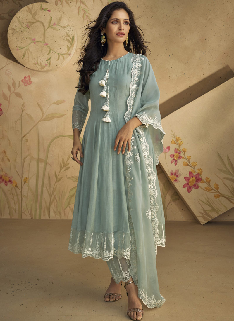 Blue Pure Silk Embroidered Wedding Salwar Kameez