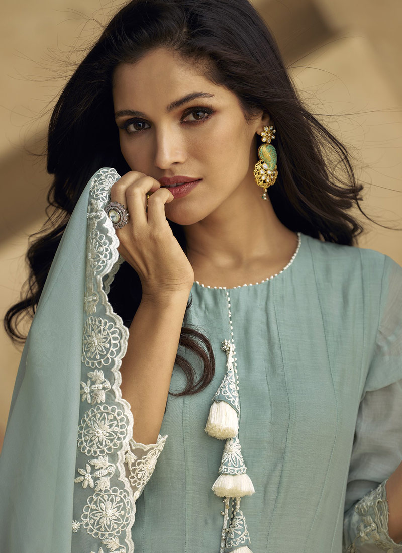 Blue Pure Silk Embroidered Wedding Salwar Kameez