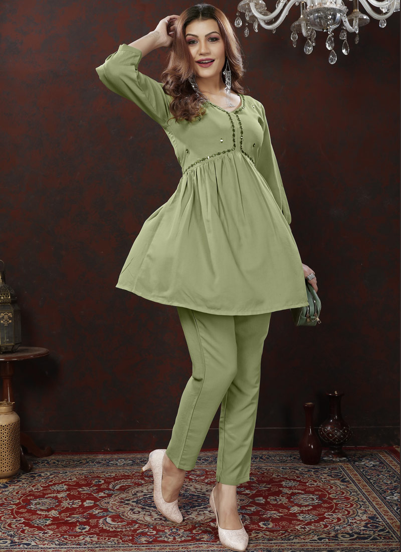 Green Cotton Handwork Casual Co-Ord Set