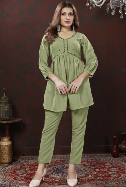 Green Cotton Handwork Casual Co-Ord Set
