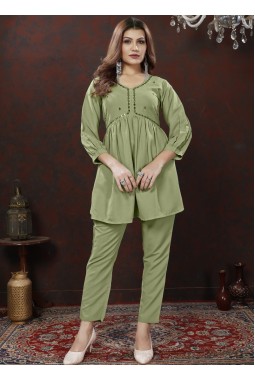 Green Cotton Handwork Casual Co-Ord Set