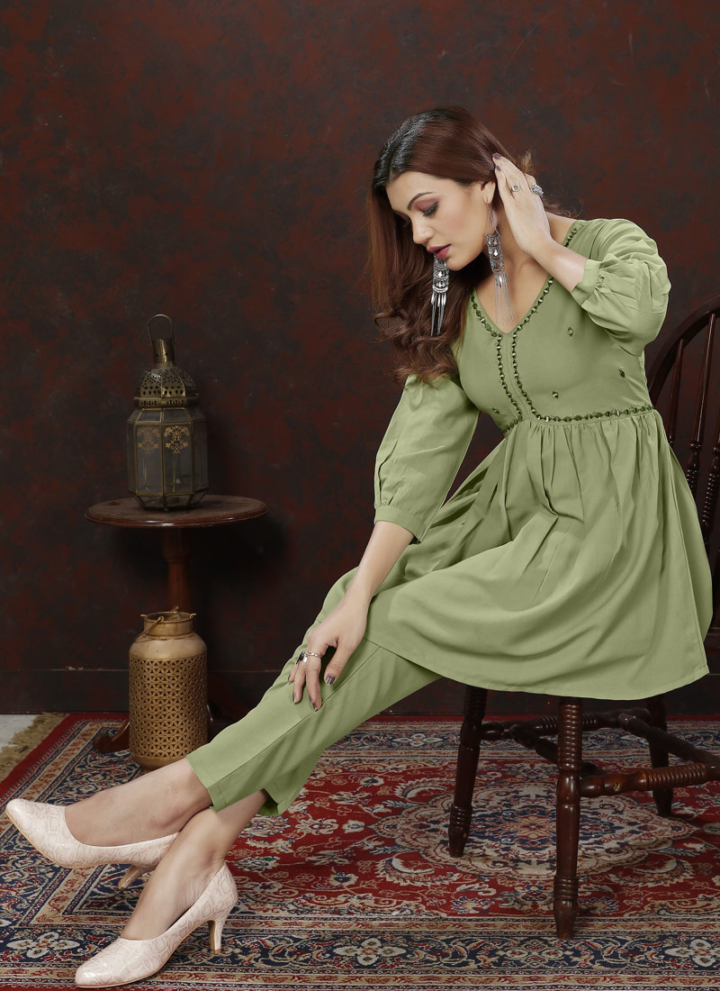 Green Cotton Handwork Casual Co-Ord Set