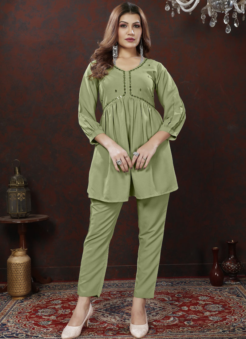 Green Cotton Handwork Casual Co-Ord Set