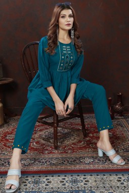 Royal Blue Cotton Handwork Casual Co-Ord Set