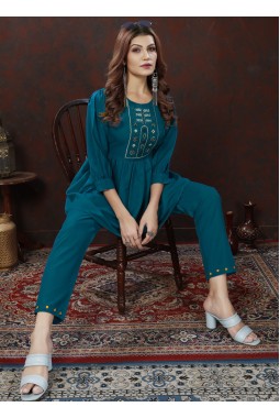 Royal Blue Cotton Handwork Casual Co-Ord Set
