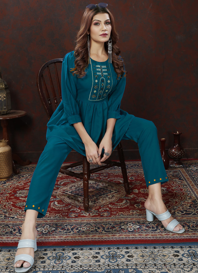 Royal Blue Cotton Handwork Casual Co-Ord Set