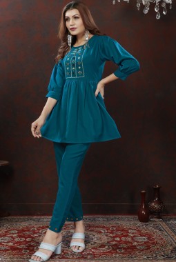 Royal Blue Cotton Handwork Casual Co-Ord Set