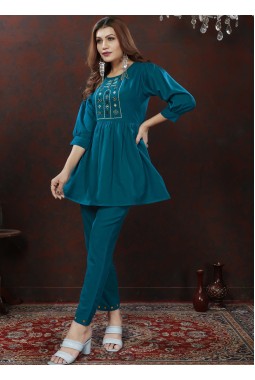 Royal Blue Cotton Handwork Casual Co-Ord Set