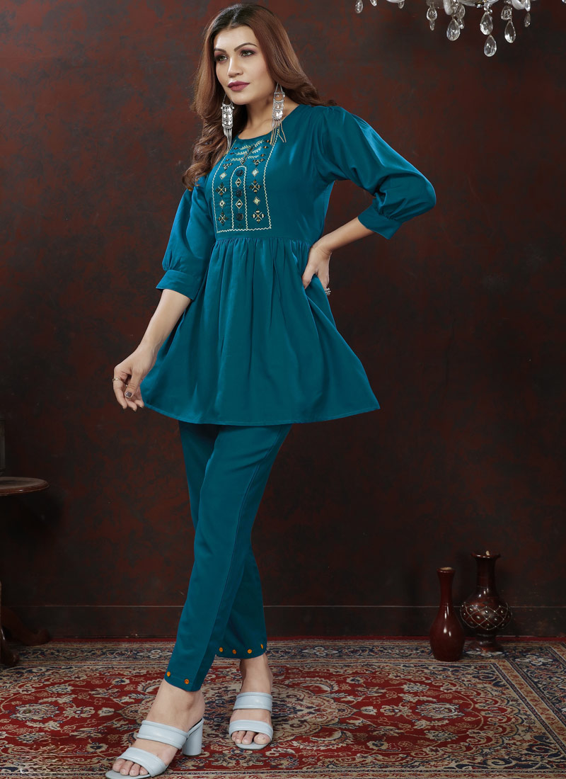 Royal Blue Cotton Handwork Casual Co-Ord Set