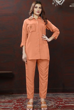 Peach Cotton Handwork Casual Co-Ord Set