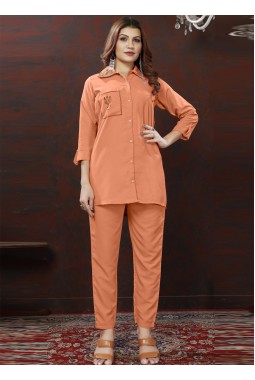 Peach Cotton Handwork Casual Co-Ord Set