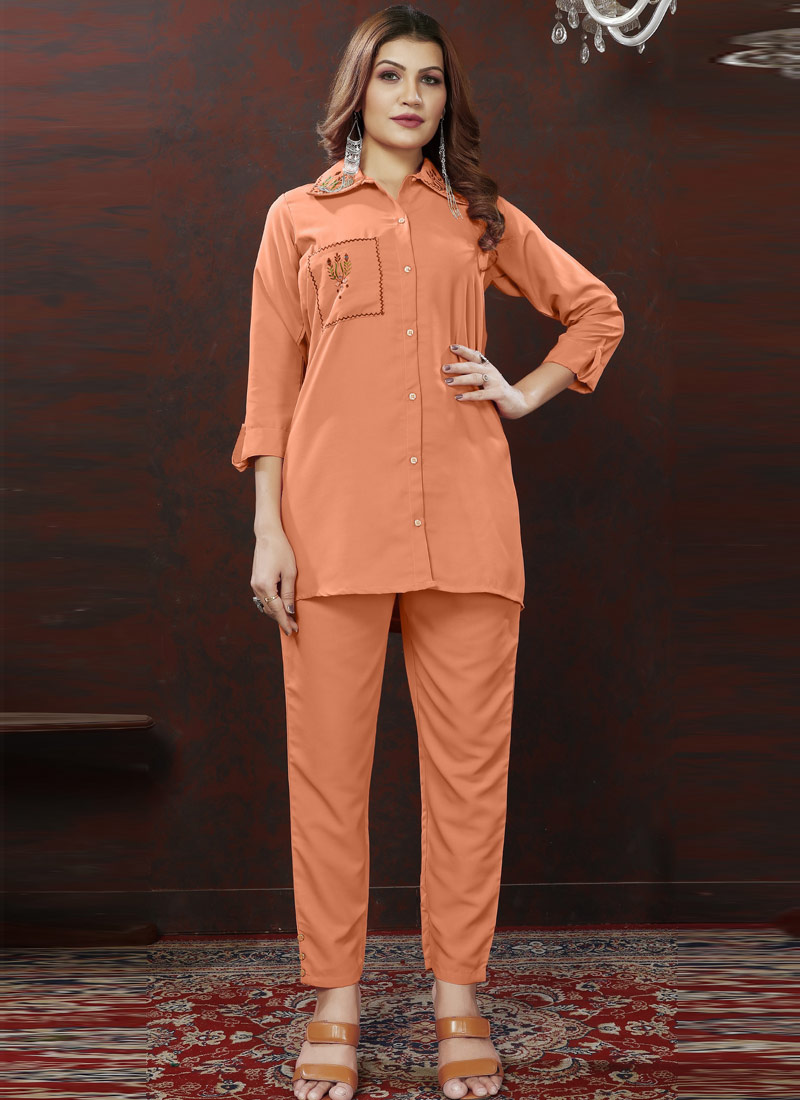 Peach Cotton Handwork Casual Co-Ord Set