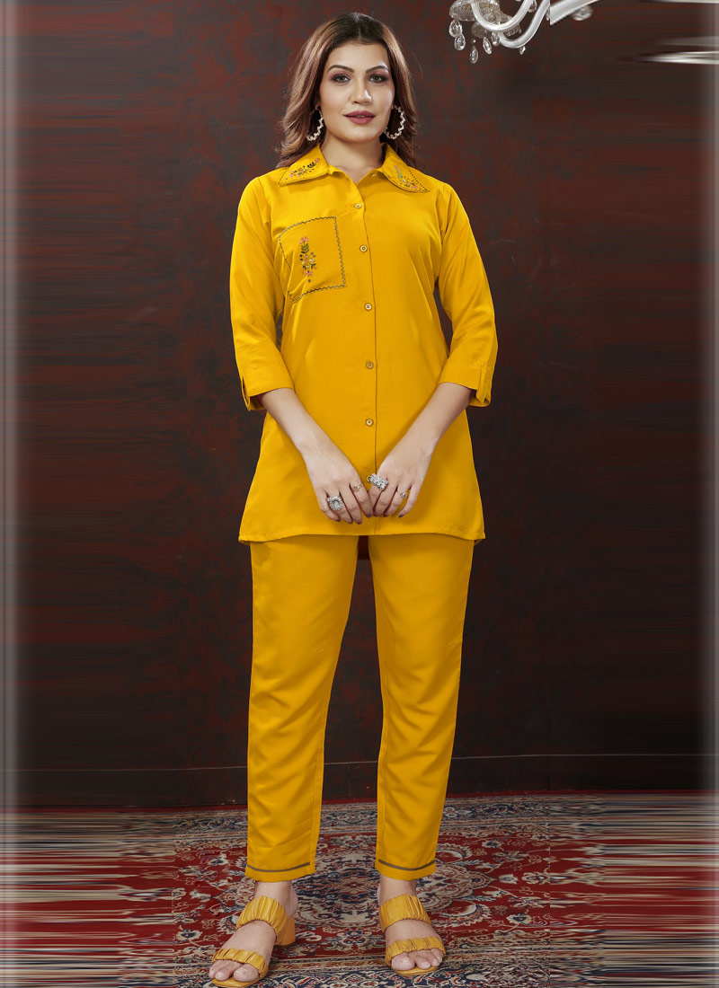 Mustard Cotton Handwork Casual Co-Ord Set