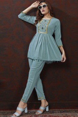 Blue Cotton Handwork Casual Co-Ord Set