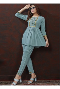 Blue Cotton Handwork Casual Co-Ord Set