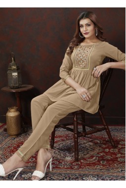 Beige Cotton Handwork Casual Co-Ord Set