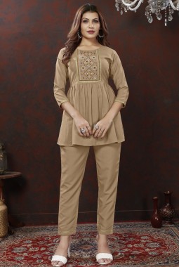 Beige Cotton Handwork Casual Co-Ord Set