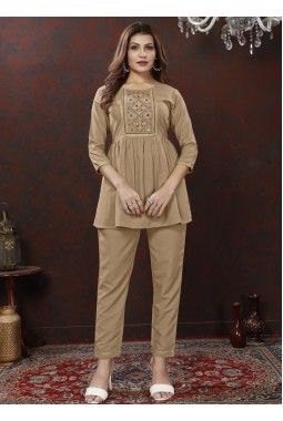 Beige Cotton Handwork Casual Co-Ord Set