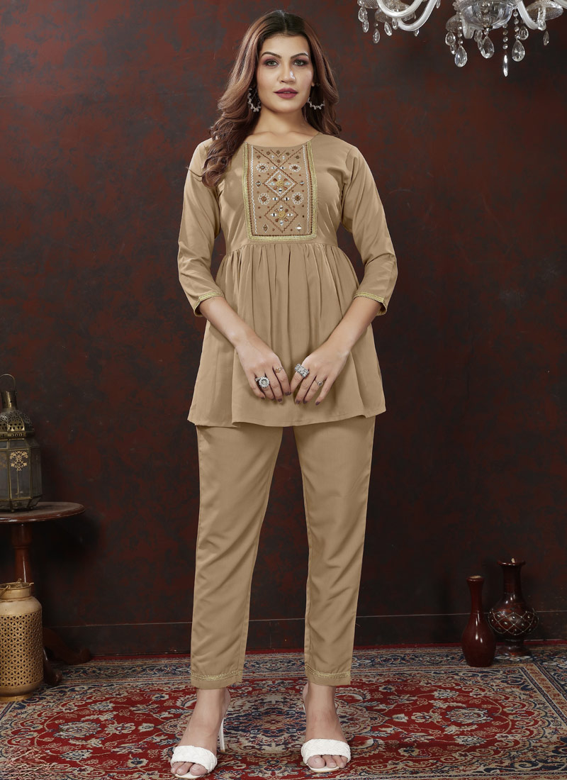 Beige Cotton Handwork Casual Co-Ord Set