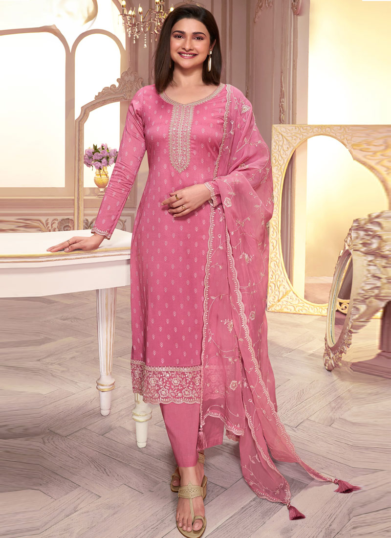 Pink Silk Georgette Thread Embroidered Wedding Salwar Kameez