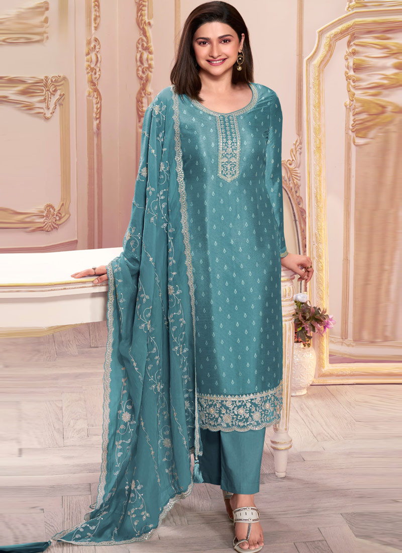 Blue Silk Georgette Embroidered Wedding Salwar Kameez