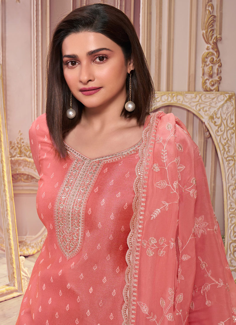 Peach Silk Georgette Thread Embroidered Wedding Salwar Kameez