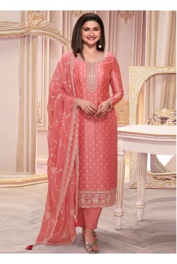 Peach Silk Georgette Thread Embroidered Wedding Salwar Kameez