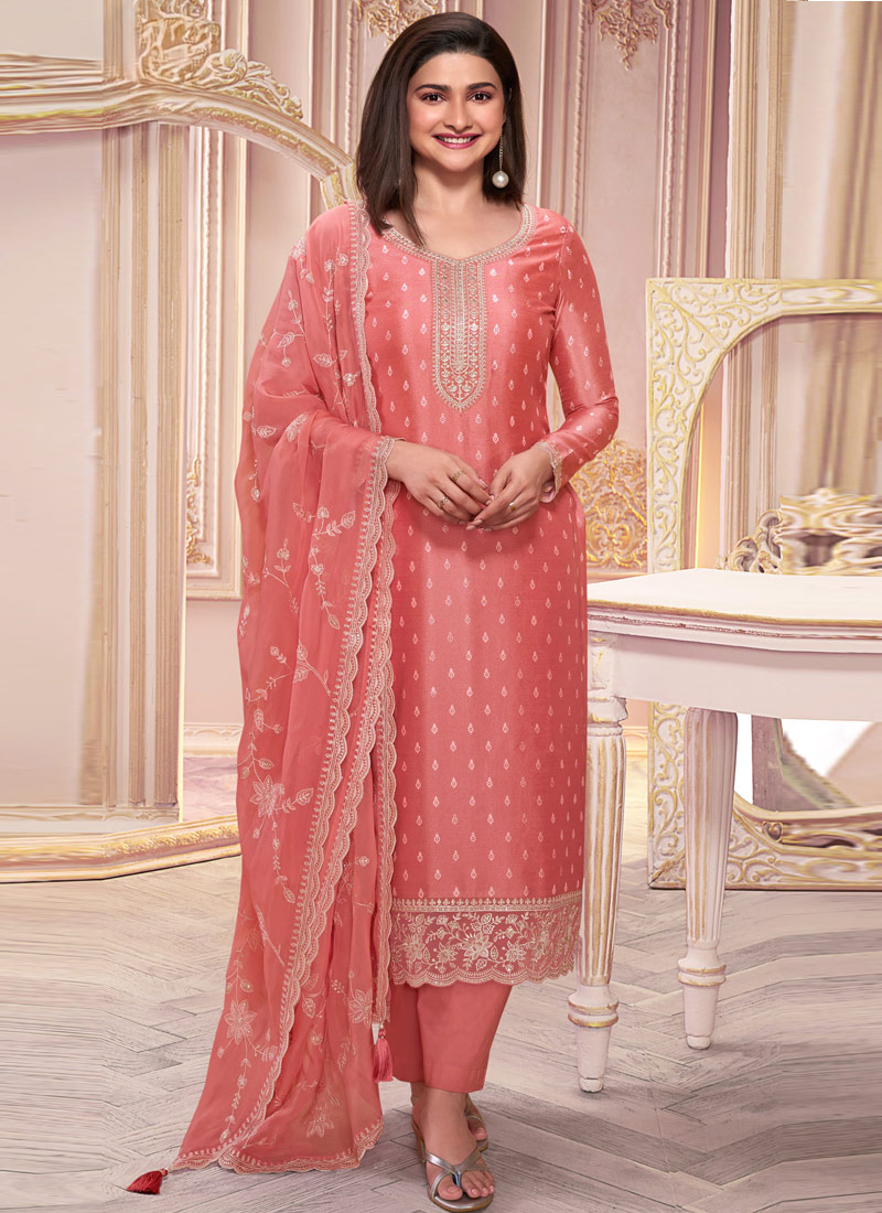 Peach Silk Georgette Thread Embroidered Wedding Salwar Kameez