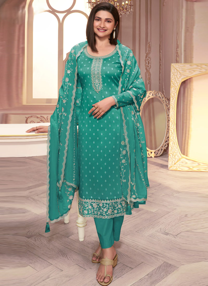 Turquoise Blue Silk Georgette Embroidered Wedding Salwar Kameez