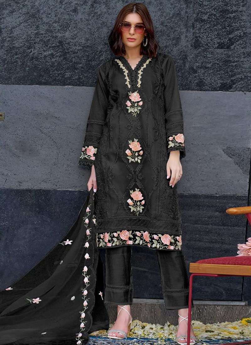 Black Organza Sequins Embroidered Casual Wear Salwar Kameez