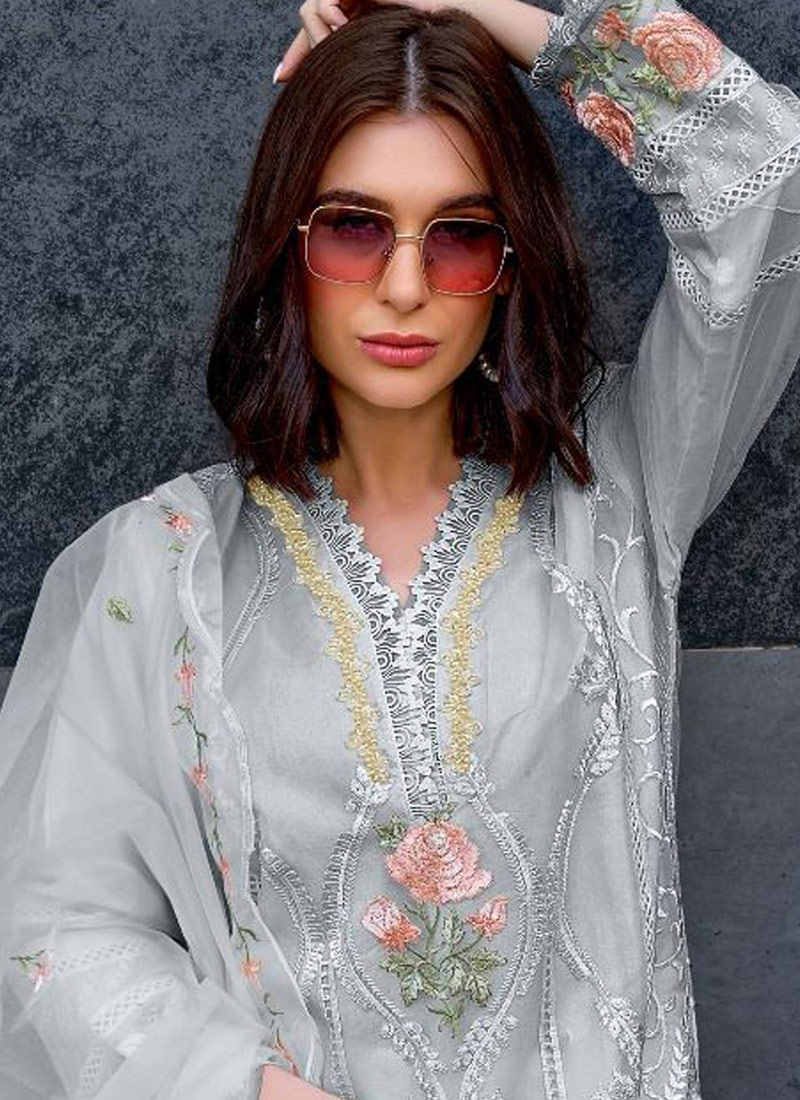 Grey Organza Sequins Work Casual Wear Salwar Kameez
