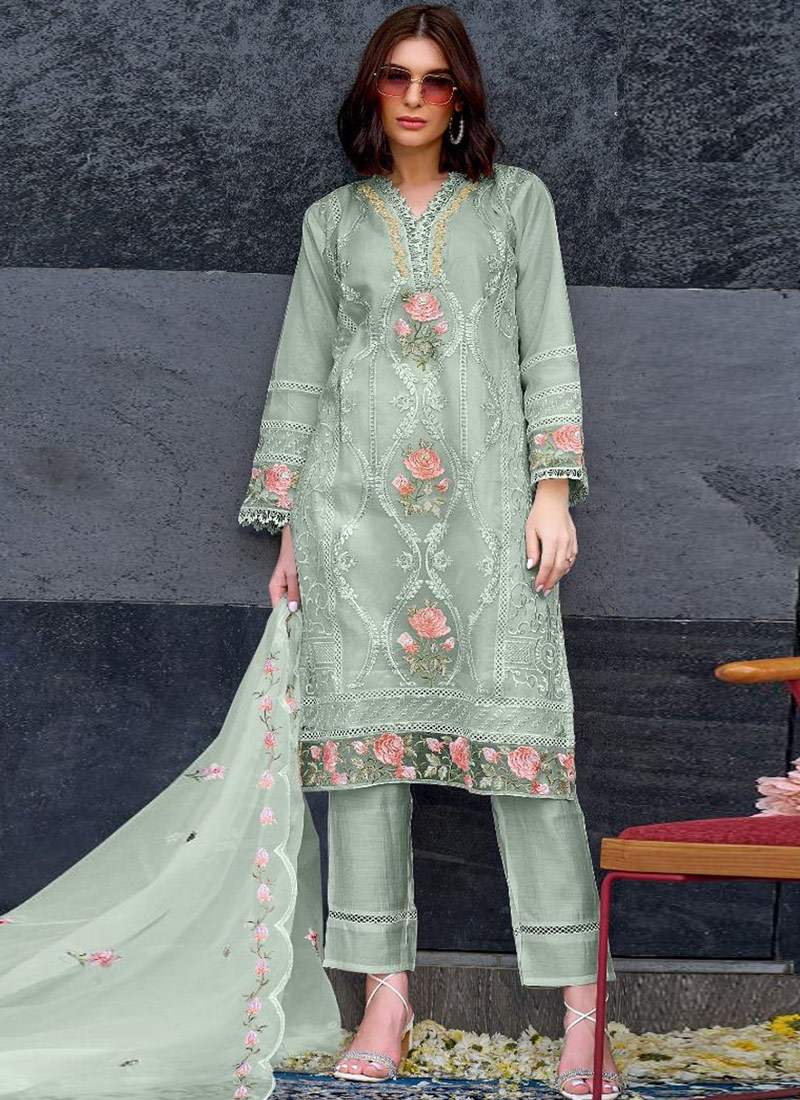 Sea Green Organza Sequins Embroidered Casual Wear Salwar Kameez