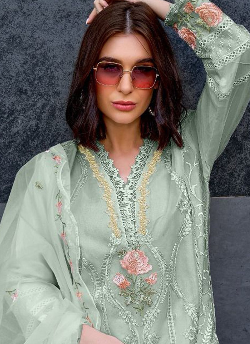 Sea Green Organza Sequins Embroidered Casual Wear Salwar Kameez