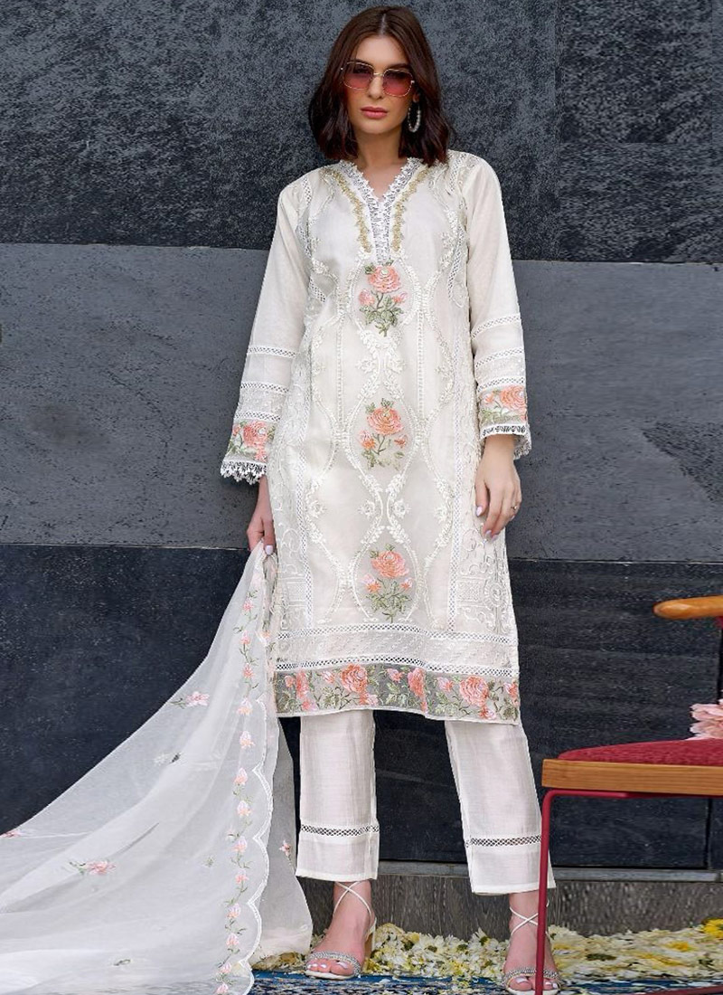 White Organza Embroidered Casual Wear Salwar Kameez