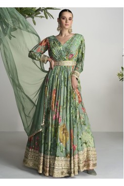 Teal Chinnon Embroidered Wedding Gown