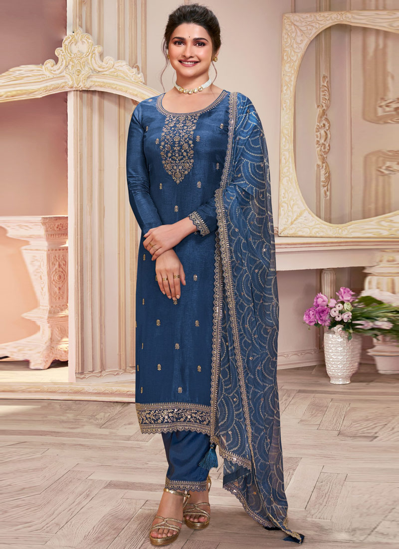 Royal Blue Silk Georgette Embroidered Wedding Salwar Kameez