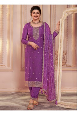 Lavender Silk Embroidered Wedding Salwar Kameez