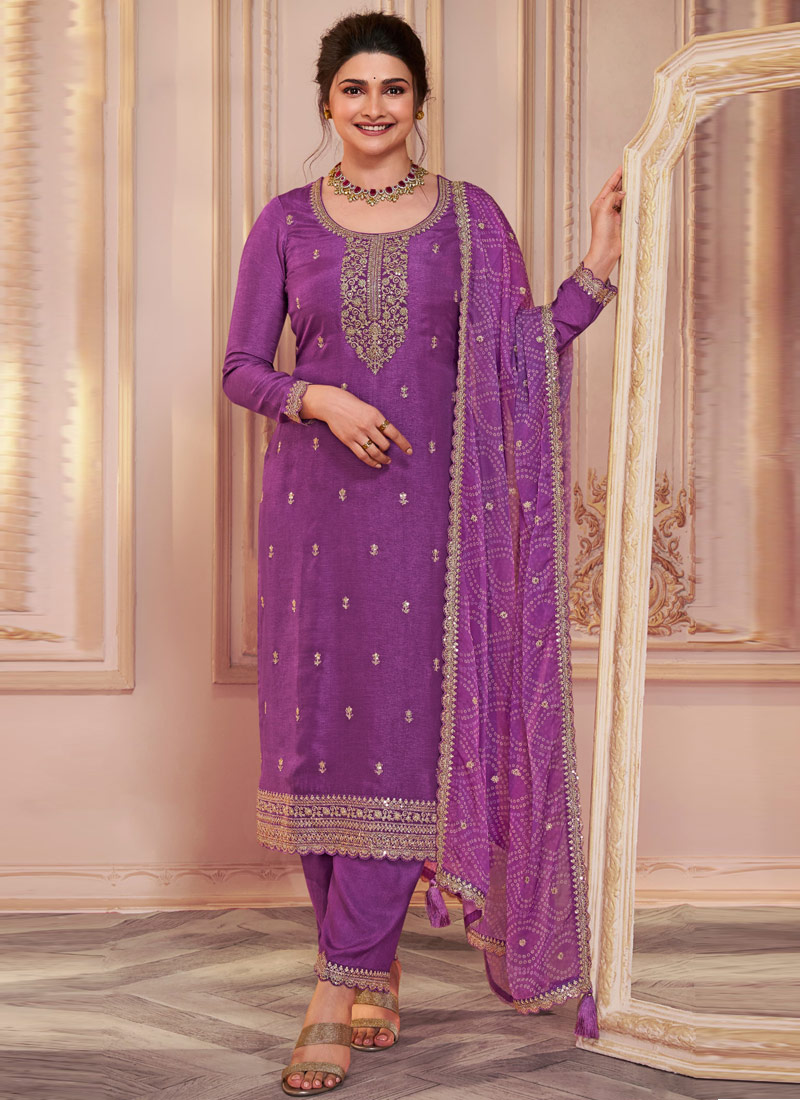 Lavender Silk Embroidered Wedding Salwar Kameez