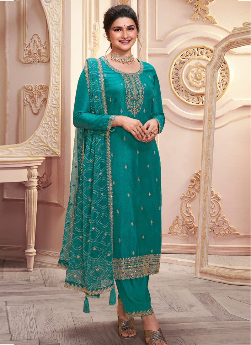 Sea Green Silk Georgette Embroidered Wedding Salwar Kameez