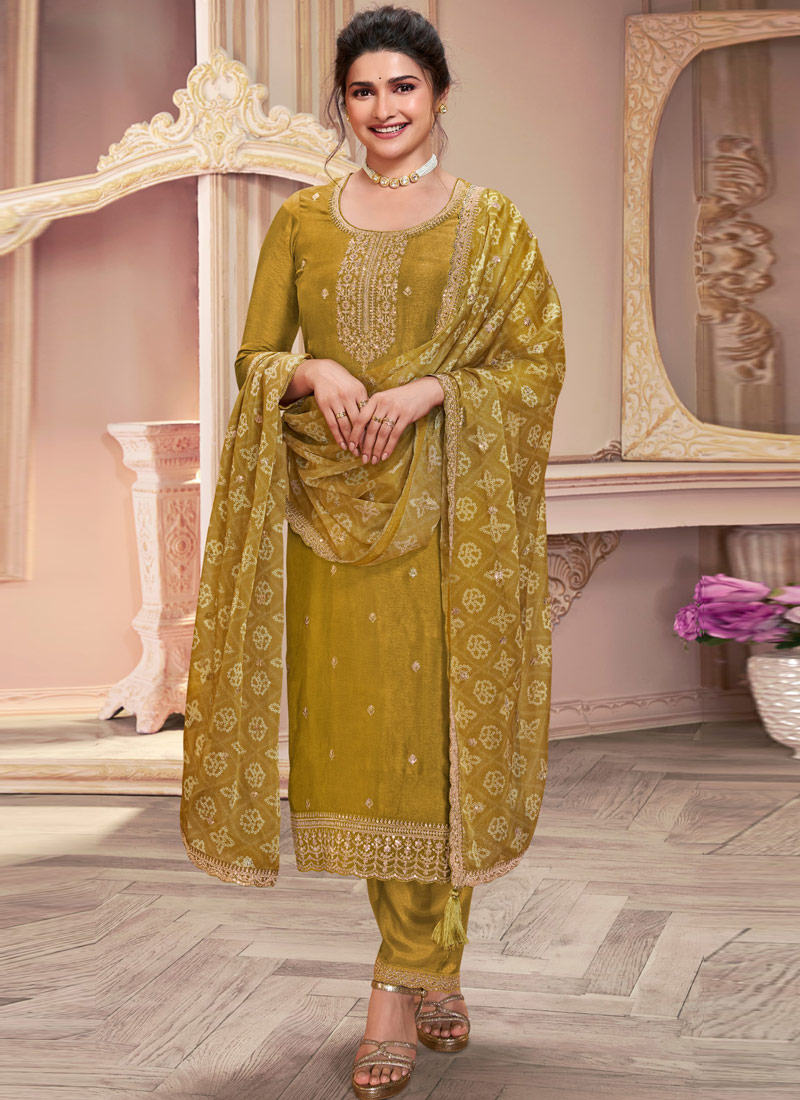 Mustard Silk Embroidered Wedding Salwar Kameez